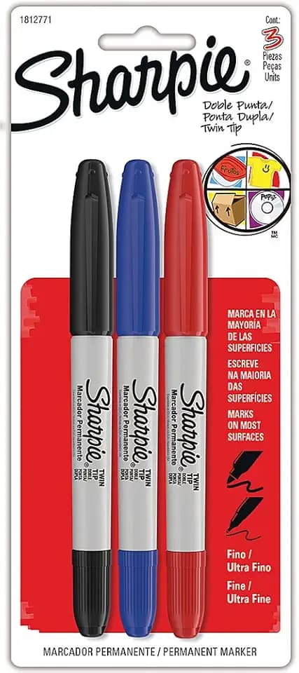 Blister com 3 Marcadores Permanente Twin Tip Sharpie, 1812771, Preto/Azul/Vermelho