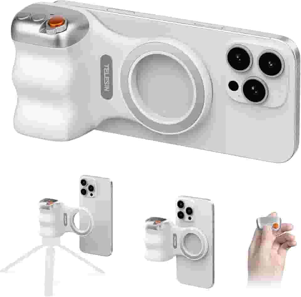 Alça magnética para câmera de celular, suporte de fotografia de selfie para smartphone com botão de obturador sem fio para iPhone 16, 15, 14, 13, 12, Pro, Max, Android, vlog, vídeo, fotografia (branca