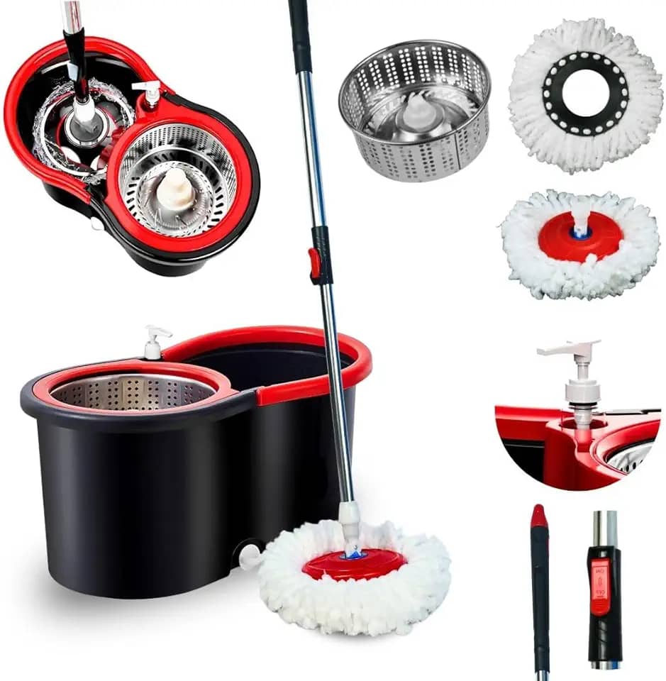 Mop Giratório Vermelho e Preto Com Cesto Em Inox C/2 Refil De Microfibra e Dispenser Para Sabão - Nybc