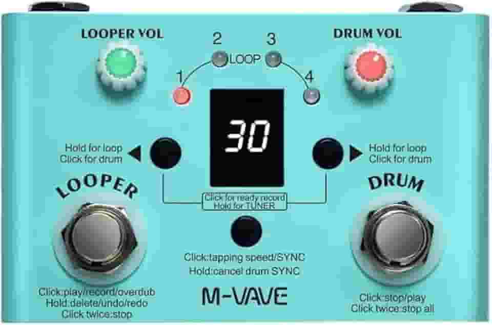 Pedal de Efeito M-VAVE LOST TEMPO V2 com 30 Baterias, Looper de 11 Minutos e Afinador - Portátil, USB-C e Compatível com DAWs para Guitarra e Produção Musical