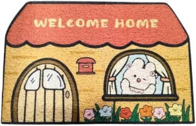 Tapete Porta de Entrada Capacho Antiderrapante Decorativo Desenho de Casinha com Coelho, Multicolorido (Casinha 2)
