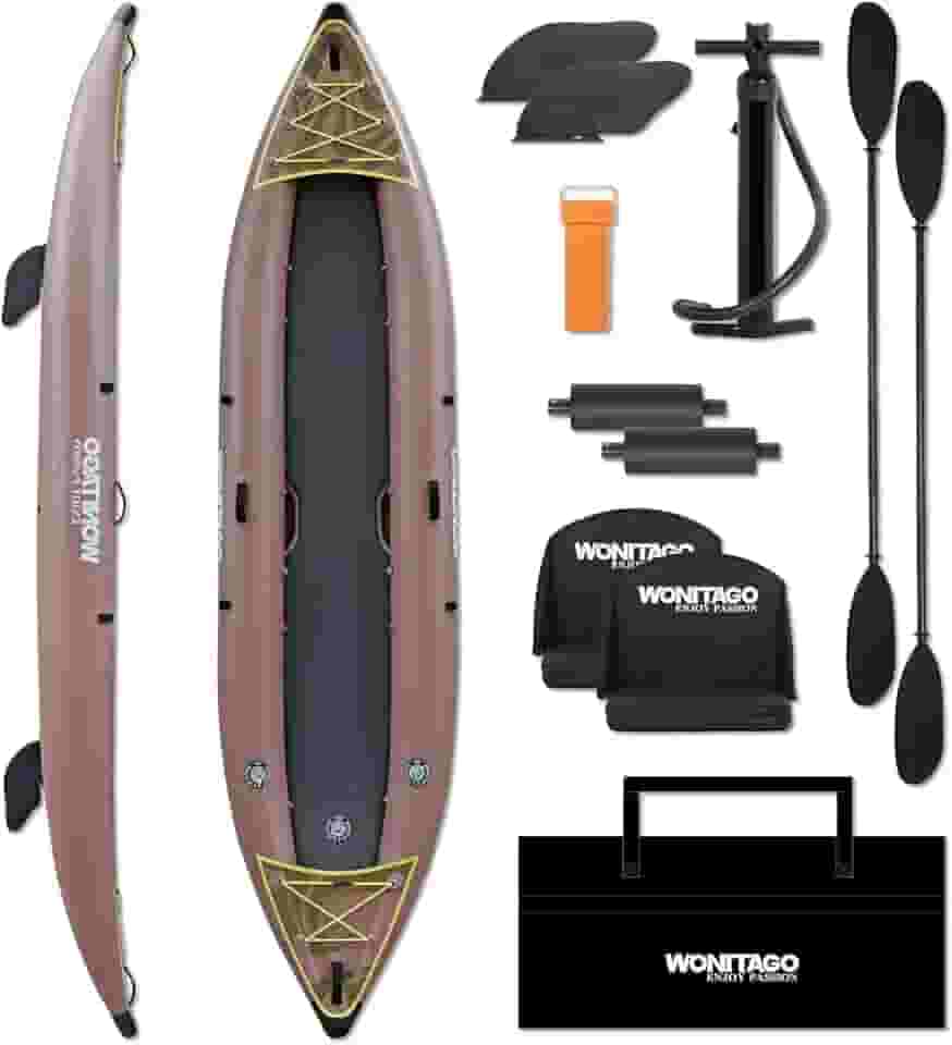 Caiaque inflável de PVC com piso de ponto de gota, caiaque de turismo recreativo com pá de caiaque, bomba de mão e bolsa de transporte, 1-2 pessoas