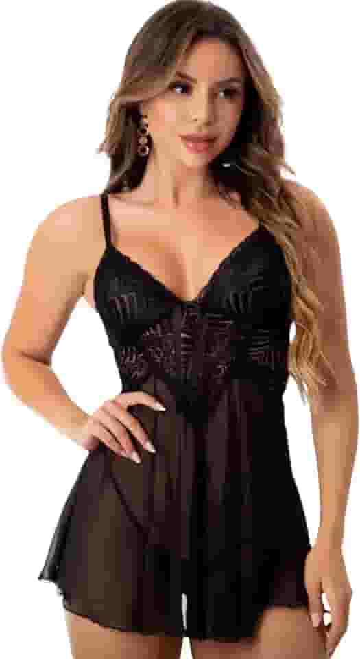 Camisola de Tule e Renda Transparente com Calcinha Feminina Natália Roupa de Dormir Curta Lingerie