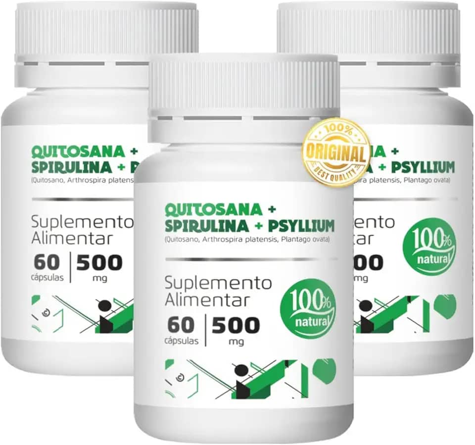 Quitosana Spirulina Psyllium - Kit 3 Frascos - 60 Cáps Cada