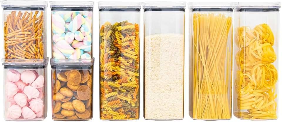 Kit 8 Potes Herméticos Acrílico Quadrado Empilháveis, Tampa de Vedação Silicone, Porta Alimentos e Mantimentos, Armário Cozinha Despensa