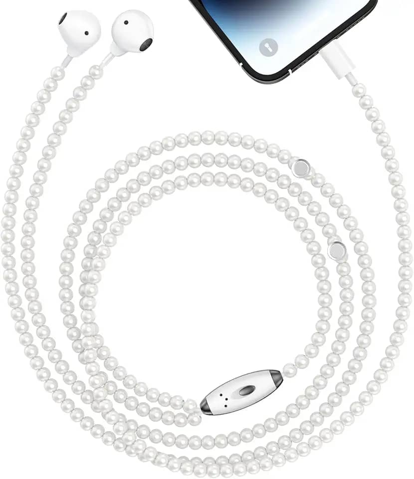 Para fones de ouvido com fio, contas para iPhone, fones de ouvido com fio, controle de volume, bloqueio magnético, pérola, plug-in, fones de ouvido para iPhone 14, 13, 12, 11, Pro, Max, X, XS, XR, 8