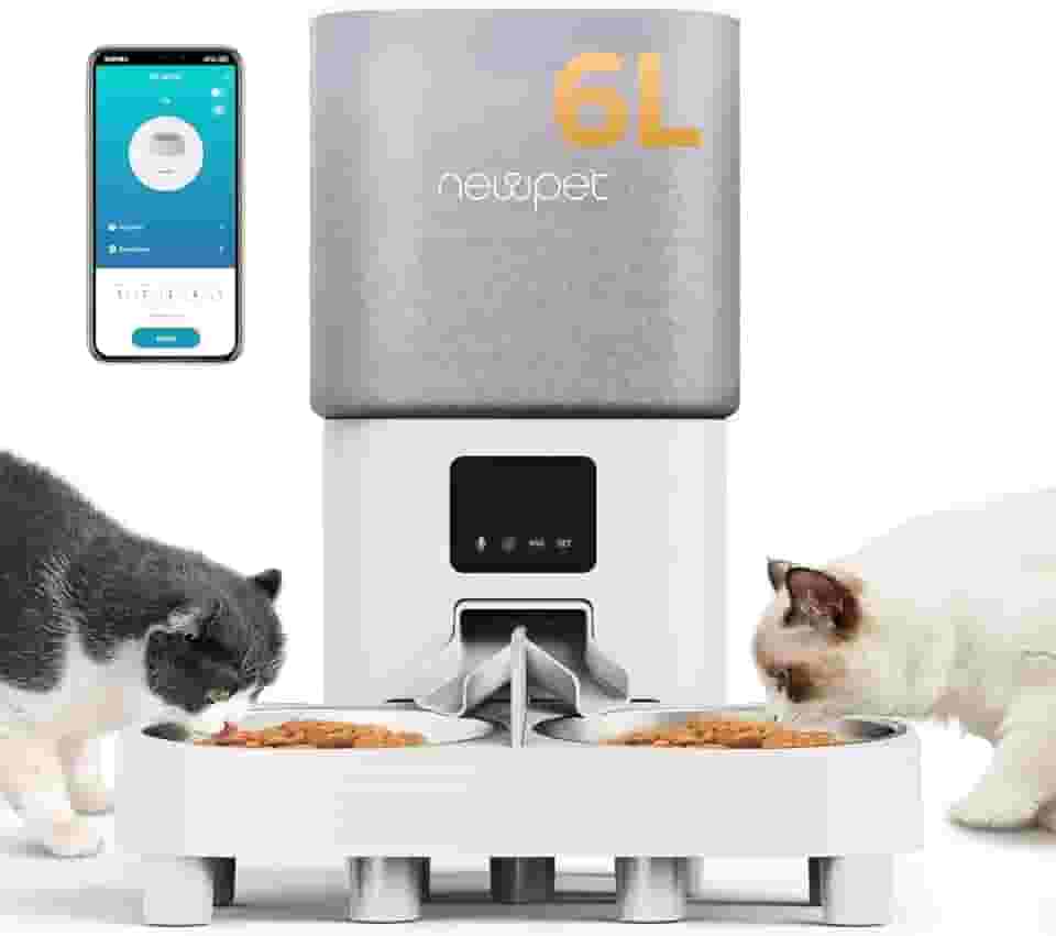 6L Comedouro Elevado para 2 Cäes, WiFi Alimentador Automático Gatos com Controle de Aplicativo, Fonte de Alimentação Dupla