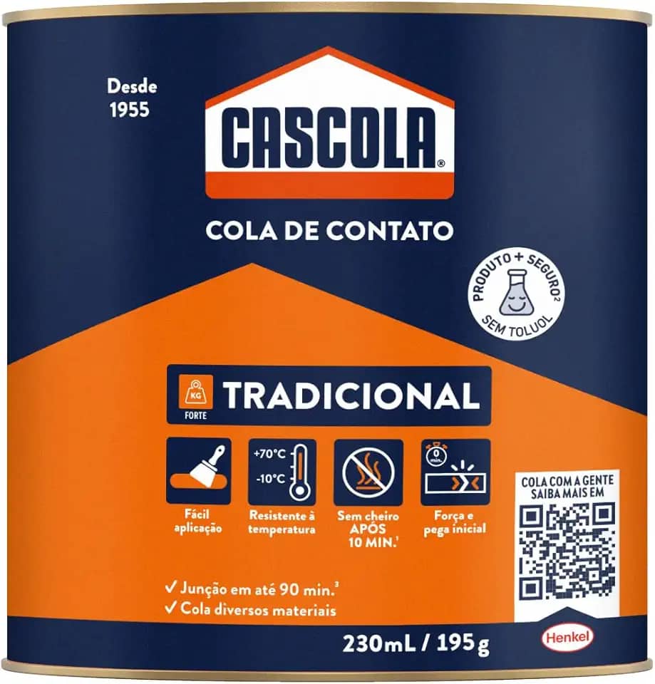 Cascola Tradicional sem Toluol, Cola de Contato de Alta Resistência, Adesivo de Contato de Secagem Rápida, Cola Permanente Multiuso, 1x195g