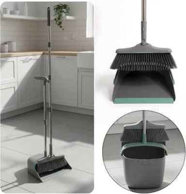 Kit Vassoura e Pá Ajustável Limpeza 2in1 Compacta Com Limpa Cerdas Suporte Parede Cesto Lixo