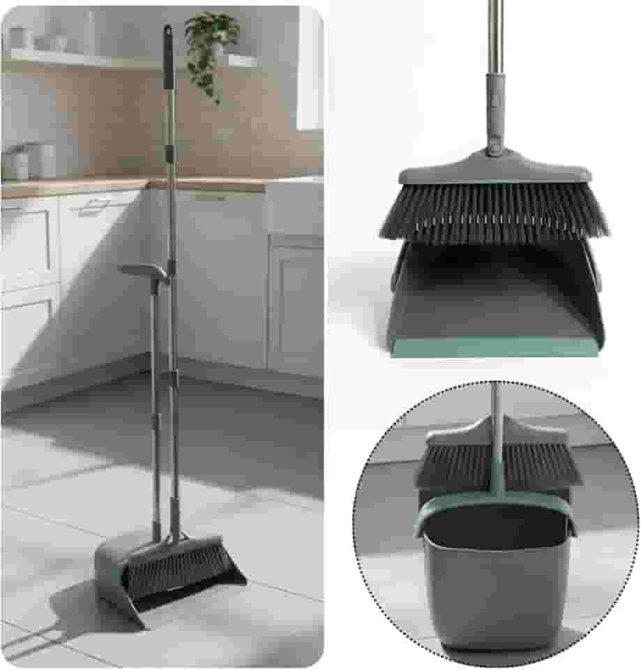 Kit Vassoura e Pá Ajustável Limpeza 2in1 Compacta Com Limpa Cerdas Suporte Parede Cesto Lixo