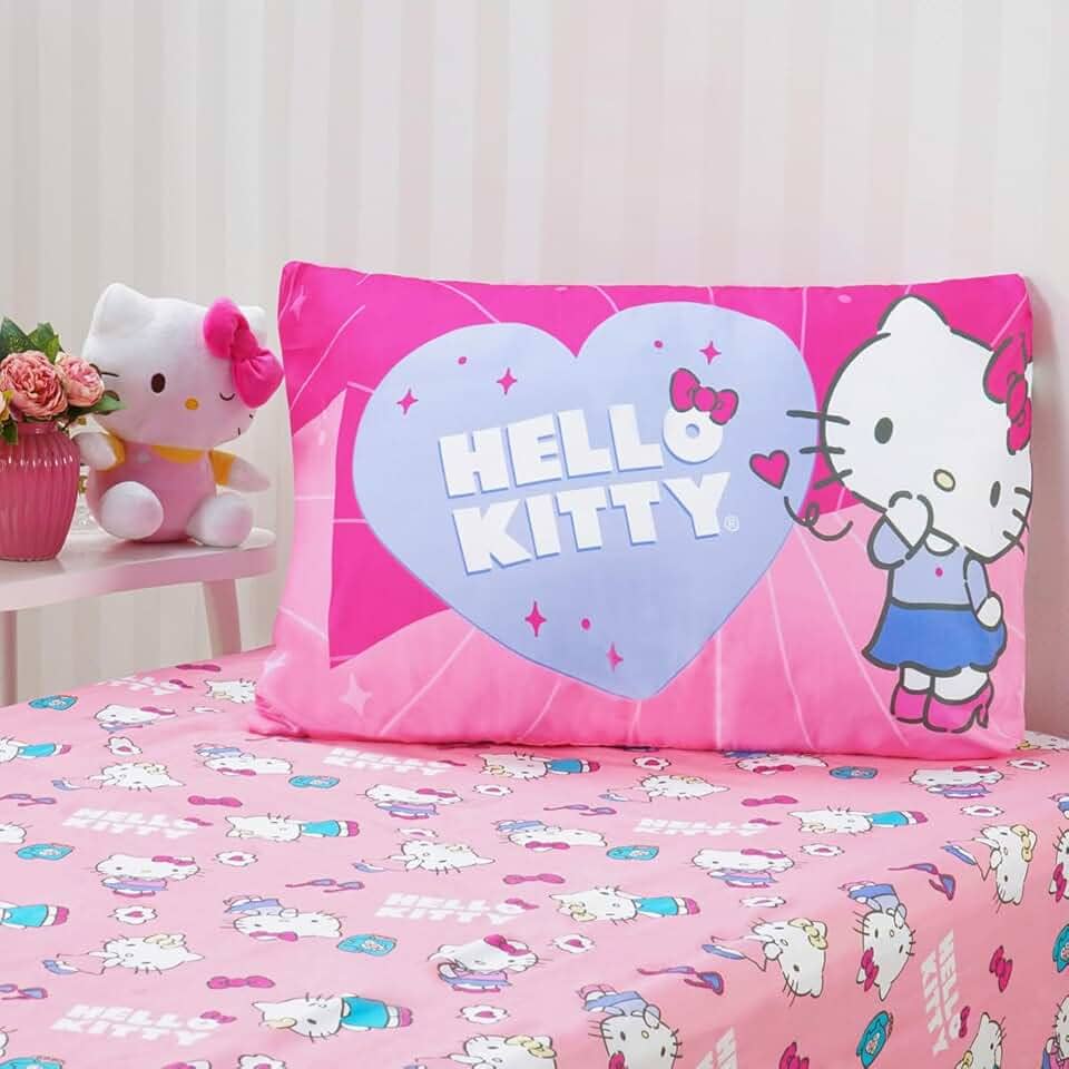 Jogo de Cama Solteiro Infantil Lençol Menina Hello Kitty 2 Peças Estampado Personagens - Com Elástico (Hello Kitty Escuro)