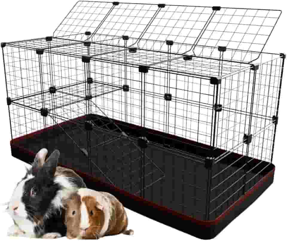 Cercado Porquinho da Índia Gaiola para Coelho 60x120x60cm com 2 Andares Rampa e Teto Bandeja Higiênica Tapete Fácil de Limpar (Tela Branca e Tapete Azul)