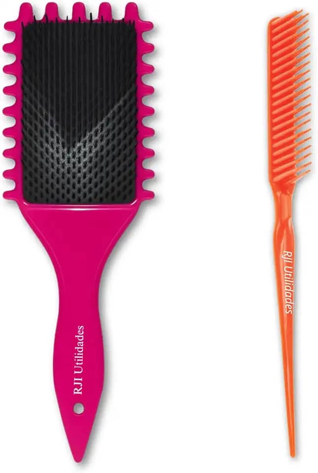 Escova Cabelo Fitagem Cachos Ondulado Finalização Profissional Raquete Ondas Mechas + Pente 3 Fileiras Fitagem - RJI Utilidades