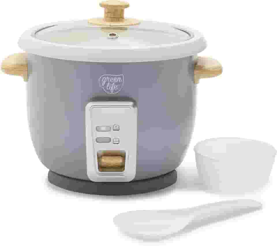 GreenLife - Vaporizador para panela de arroz de 6 chávenas, panela antiaderente de cerâmica removível sem PFAS, preajustes automáticos, cabo de impressão de madeira, função de manter quente, design de