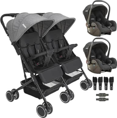 Carrinho Kiddo para Gemeos com 2 Bebe Conforto Mascote Grafite