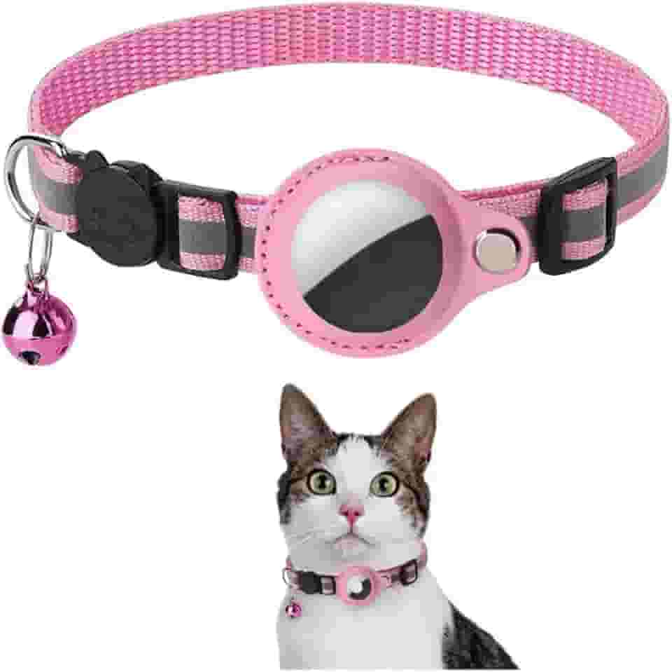 Coleira De Nylon E Couro Resistente, Compatível Com O Rastreador AirTag, Anti Perda, Fivela De Segurança E Sininho Para Animais Pequenos - DAZZELI (ROSA)