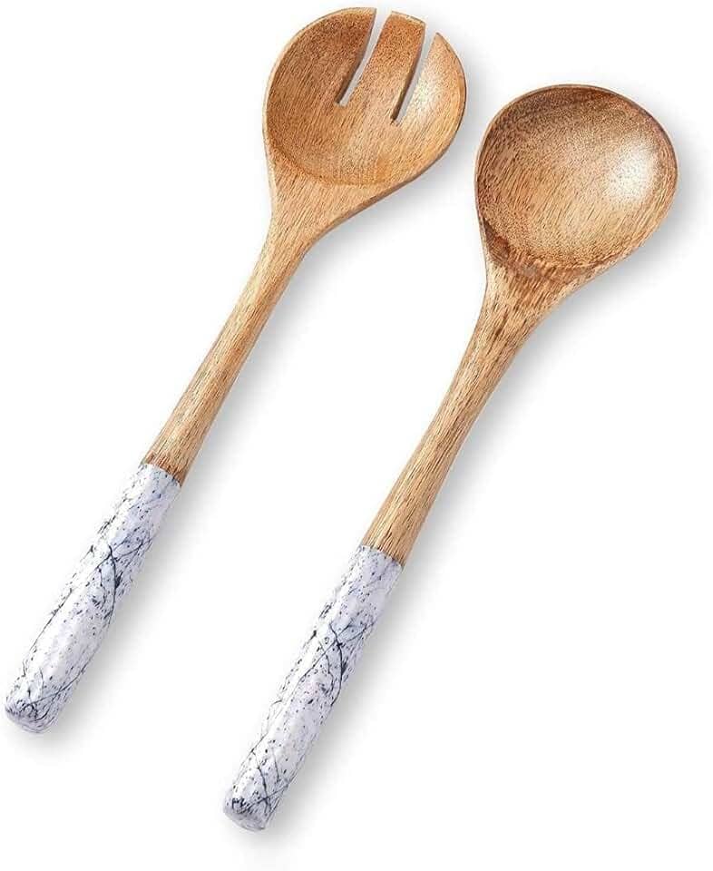 Servidores de salada ou pinças de salada, utensílios de madeira para servir salada, conjunto de colher e garfo de 30,5 cm, madeira de manga, servidores azuis