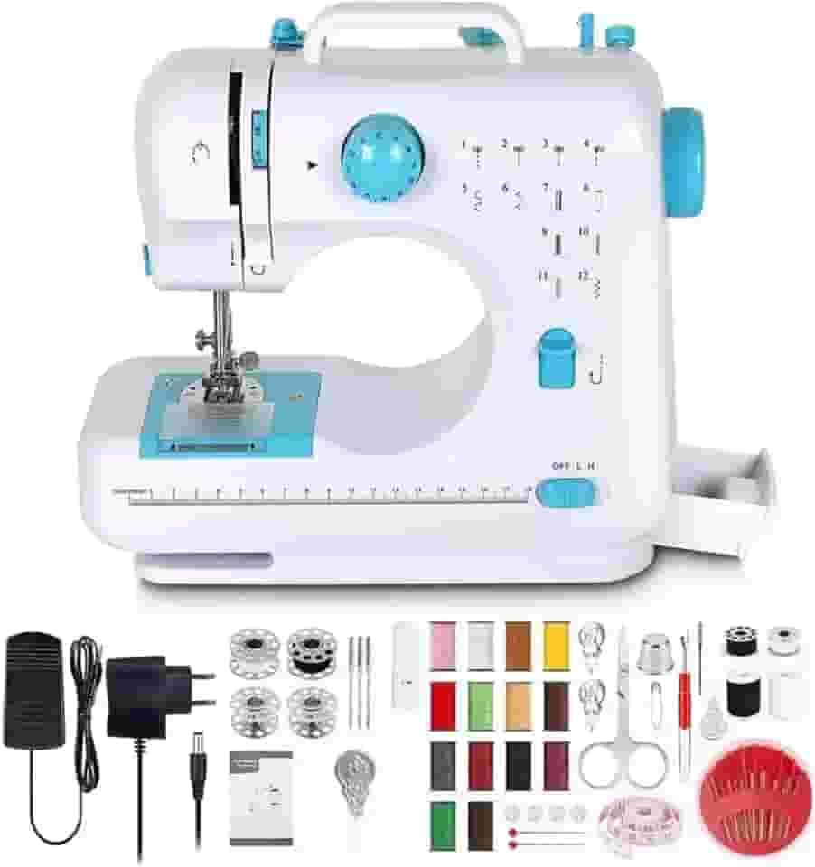 Mini Máquina de Costura para Iniciantes e Crianças de 8 a 12 Anos | 12 Padrões de Ponto, Luz LED, Costura Reversa | Ideal para Pequenos Reparos e Projetos de Artesanato (100-240v)