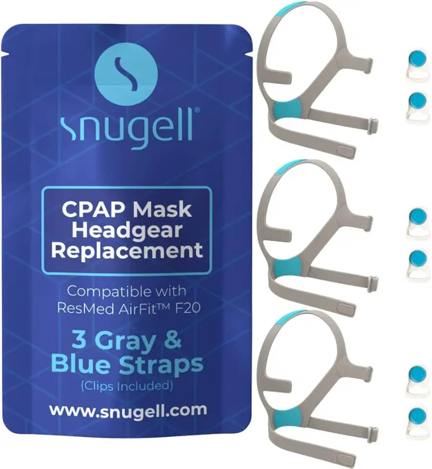 Snugell Alças de substituição para máscara facial CPAP AirFit ResMed F20 (pacote com 3) – clipes incluídos – Nylon elástico – Cor cinza/azul