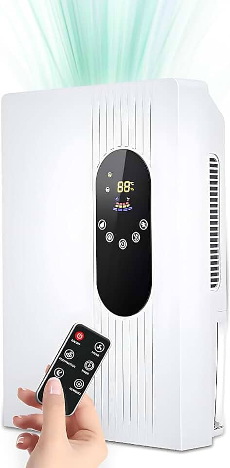 Desumidificador e Purificador de Ar 2 em 1 com Mangueira Drenagem Controle Remoto Tela LCD Configuração Umidade 77oz Liga Desliga Automático Timer 24h para Porão Quarto Banheiro Armário