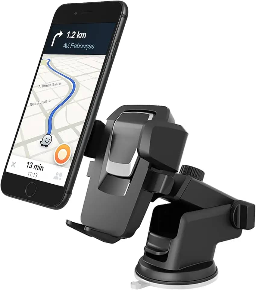 Suporte de Celular para Carro com Ventosa Forte – Trava Automática Antiqueda, Ajustável 360°, Para Painel e Vidro Ideal para Waze, GPS, Uber – Modelo Premium