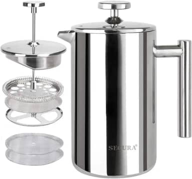 Secura Cafeteira French Press, prensa de café isolada de aço inoxidável de grau 304 com 2 telas extras, 35 g (0,35 litros), prata (SFP-12DS)