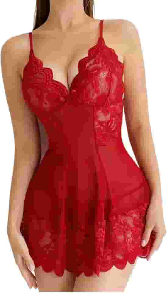 Conjunto de camisola e tanga de renda Babydoll, patchwork de malha recortada, lingerie para mulheres sexy, Vinho tinto, XGG