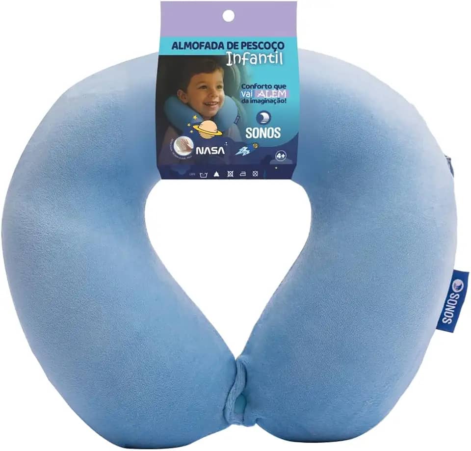 Almofada de Pescoço Sonos Infantil Para Viagem e Descanso (Azul-Claro)