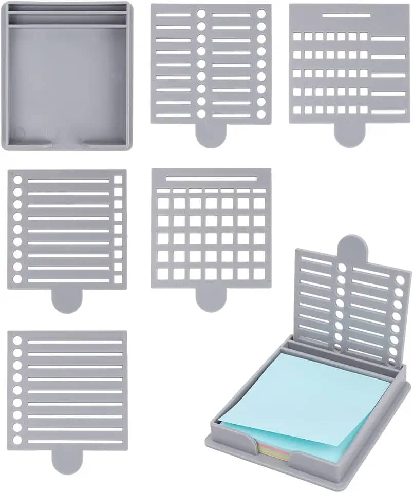Estêncil de notas adesivas e suporte com cinco estênceis diferentes, organizador reutilizável de 7 x 7 cm para mesa (cinza)