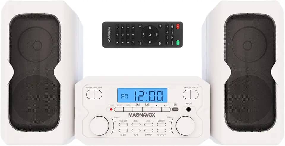 Magnavox MM435-WH Sistema de prateleira de CD compacto de 3 peças com rádio estéreo AM/FM, tecnologia sem fio Bluetooth e controle remoto em branco | Display LCD | Porta AUX Compatível |
