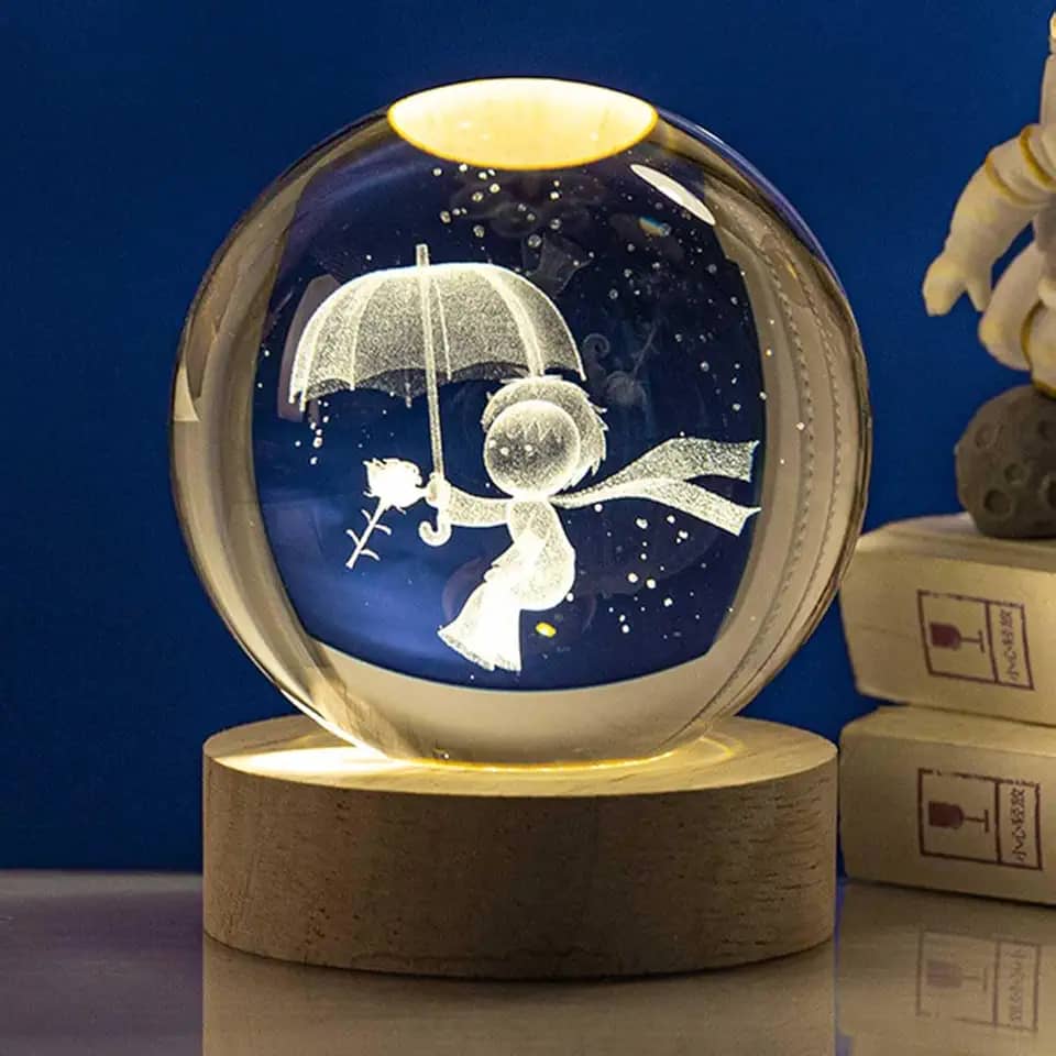 Lumin?ria Bola Esfera Cristal De Mesa Planeta Terra Gal?xia Sistema Solar LED Base Madeira Enfeite Decorativo Casa (Guarda Chuva)