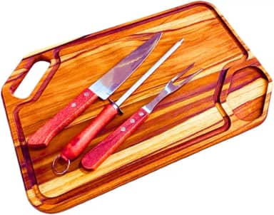 Kit com Tábua de Churrasco Premium de Madeira, Garfo, Faca e Afiador em Aço Inox