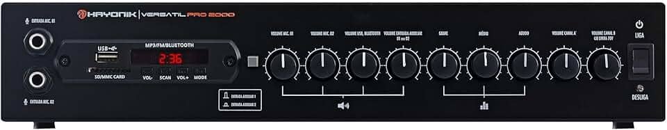 HAYONIK, Amplificador Para Som Ambiente, 200W RMS, Saída 70 Volts, 2 Canais, Bluetooth, USB, Rádio FM, Entrada para Microfone, Equalizador - PRO2000