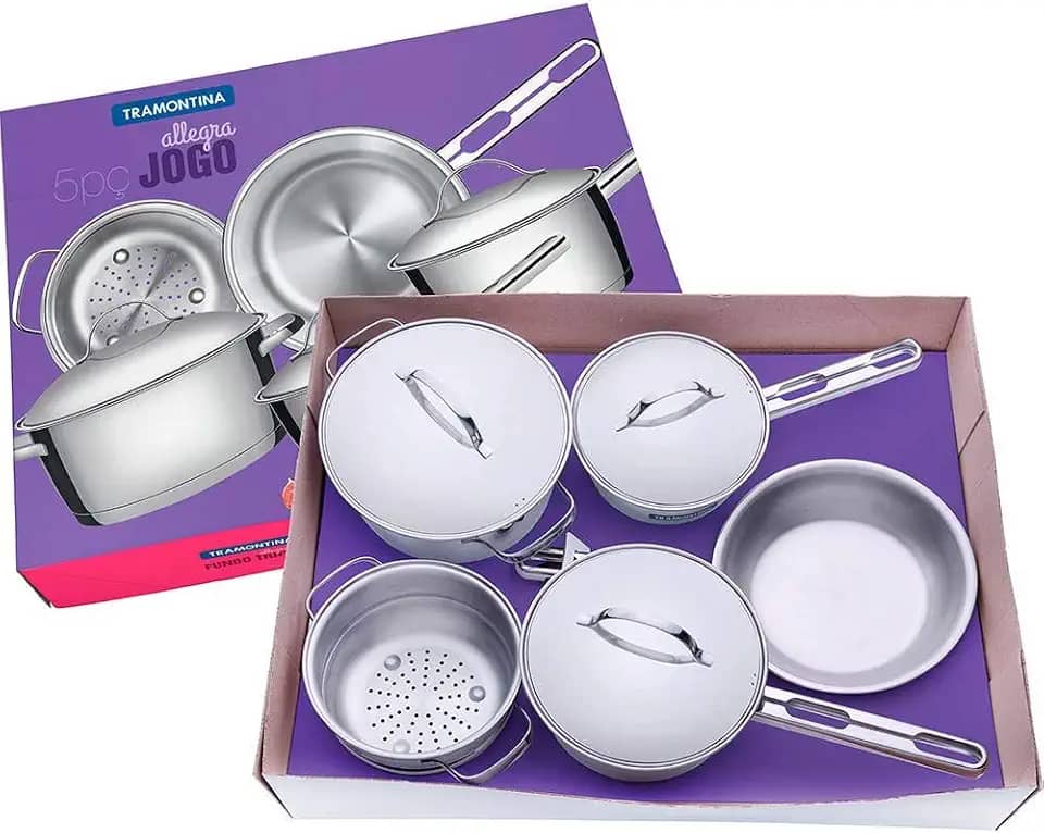 Tramontina CONJUNTO DE PANELAS 5 PEÇAS DE ACO INOX FUNDO TRIPLO - COZIMENTO + RAPIDO E UNIFORME, TAMPAS COM SAÍDA DE VAPOR - ALLEGRA - EMBALAGEM CAIXA PARDA