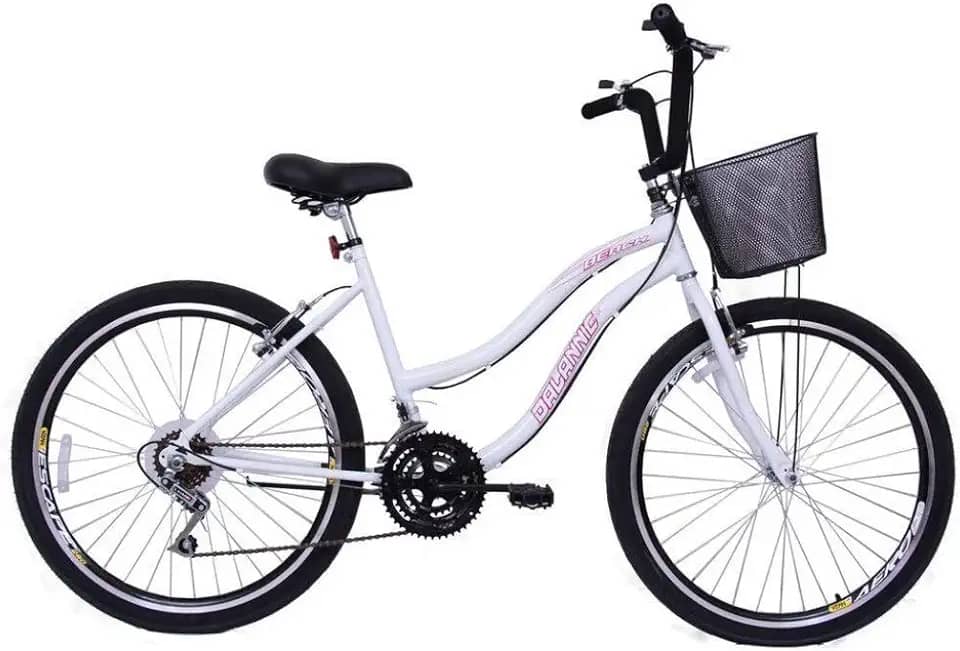 Bicicleta Feminina 26 Beach Branca de 18 Velocidades com Aros duplos, Pneus Slik e Cesta - Dalannio Bike