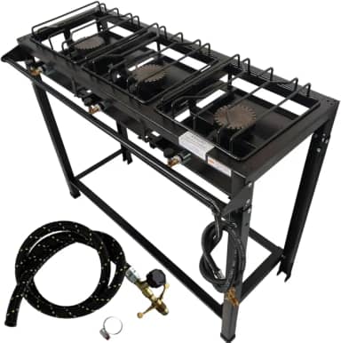 Fogão Industrial 3 Bocas Alta Pressão, FERRO FUNDIDO, + Kit mangueira e registro, 95 x 35 x 80 cm, Preto
