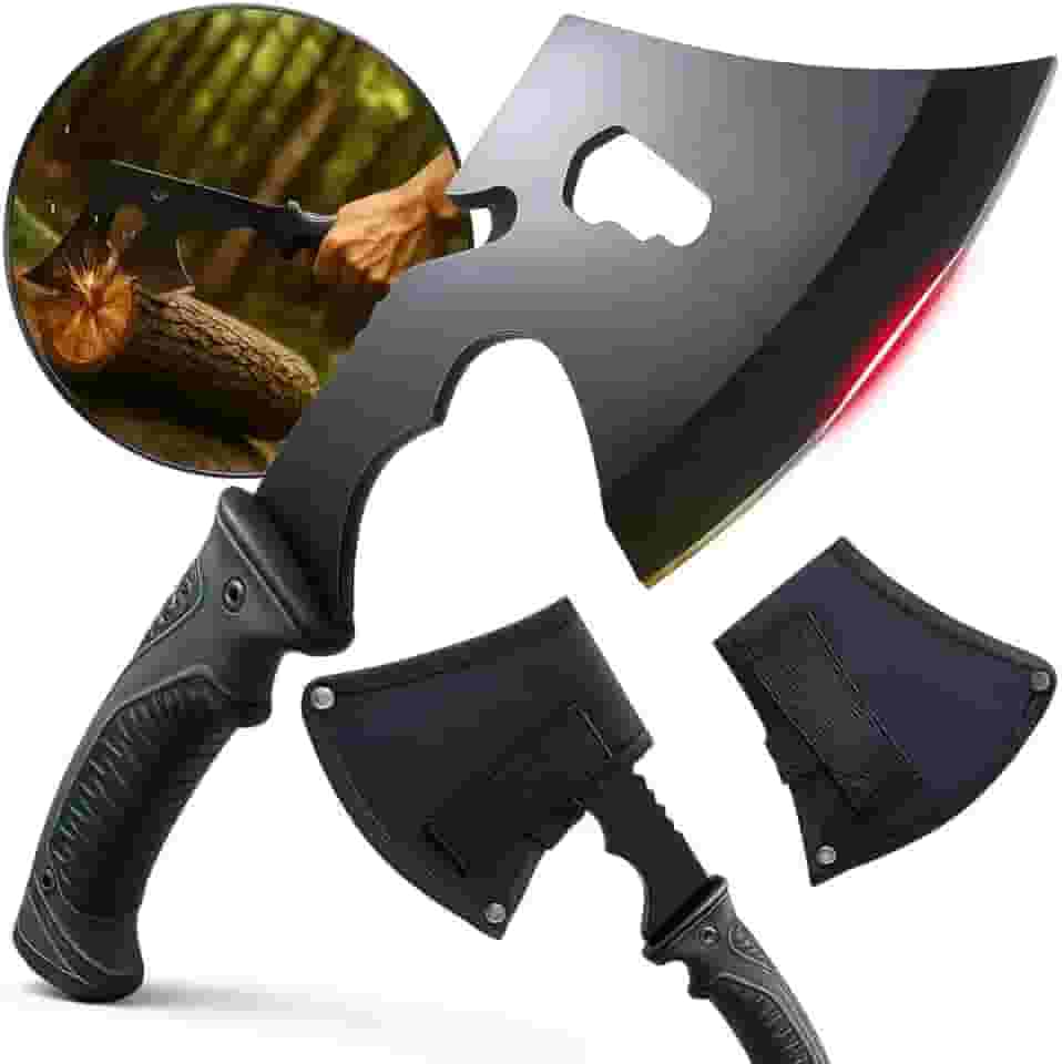 Machado Tático Lenhador com Cabo Emborrachado Antiderrapante, Lâmina Afiada e Coldre, Ideal para Cortar Madeira, Geleira e Uso Externo