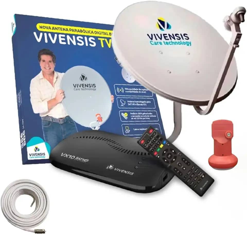 Kit Antena Nova Parabólica Ku Vivensis Digital Completa 100% Canais Livres Receptor Sat Full Hd LNBF Cabo 5g