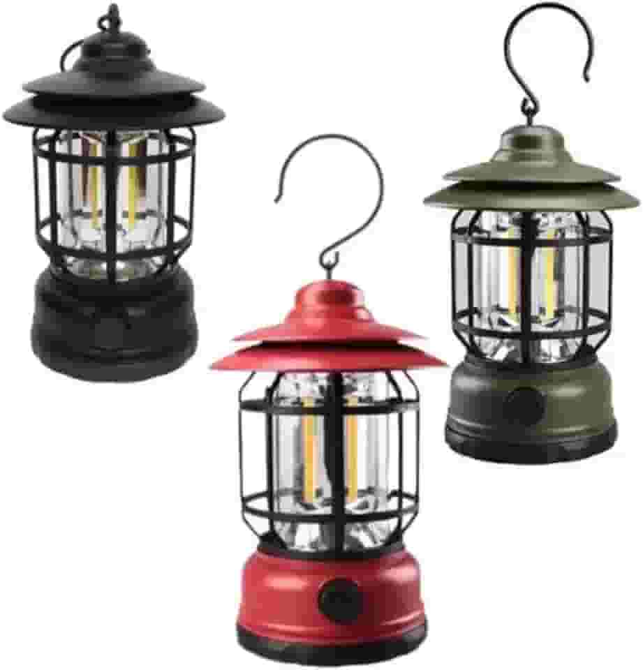 Lampião Lanterna Led Portátil De Camping Barraca Retro Recarregável Via USB Tipo C Luminária Para Acampamento e Pesca Com Regulagem De Intensidade Gancho Pendurar Bateria Longa Duração (Verde)