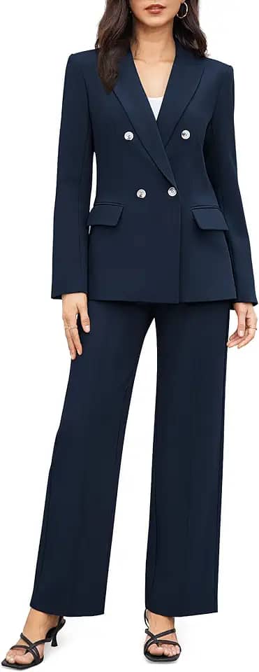 Conjunto feminino de 2 peças para negócios, casual, blazer trespassado, elegante, pernas largas, conjunto de ternos