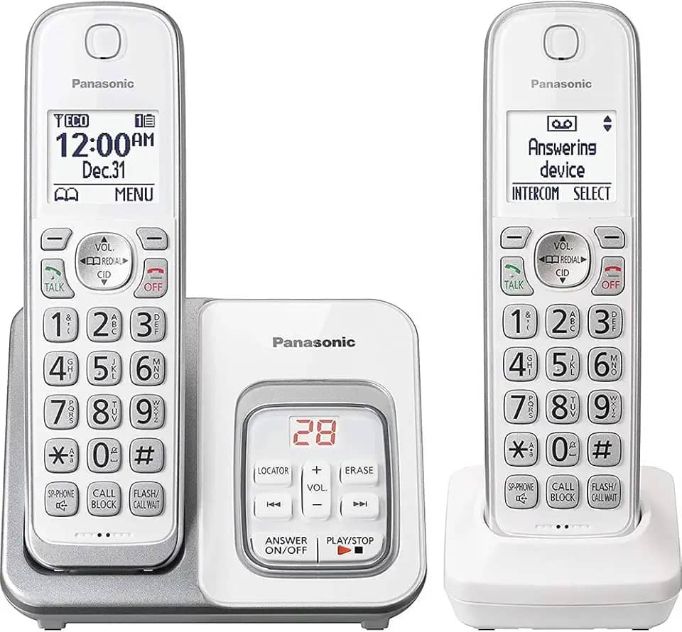 Sistema de telefone sem fio expansível Panasonic, Identificador de chamada + secretária eletrônica, Branco, 2 Handsets