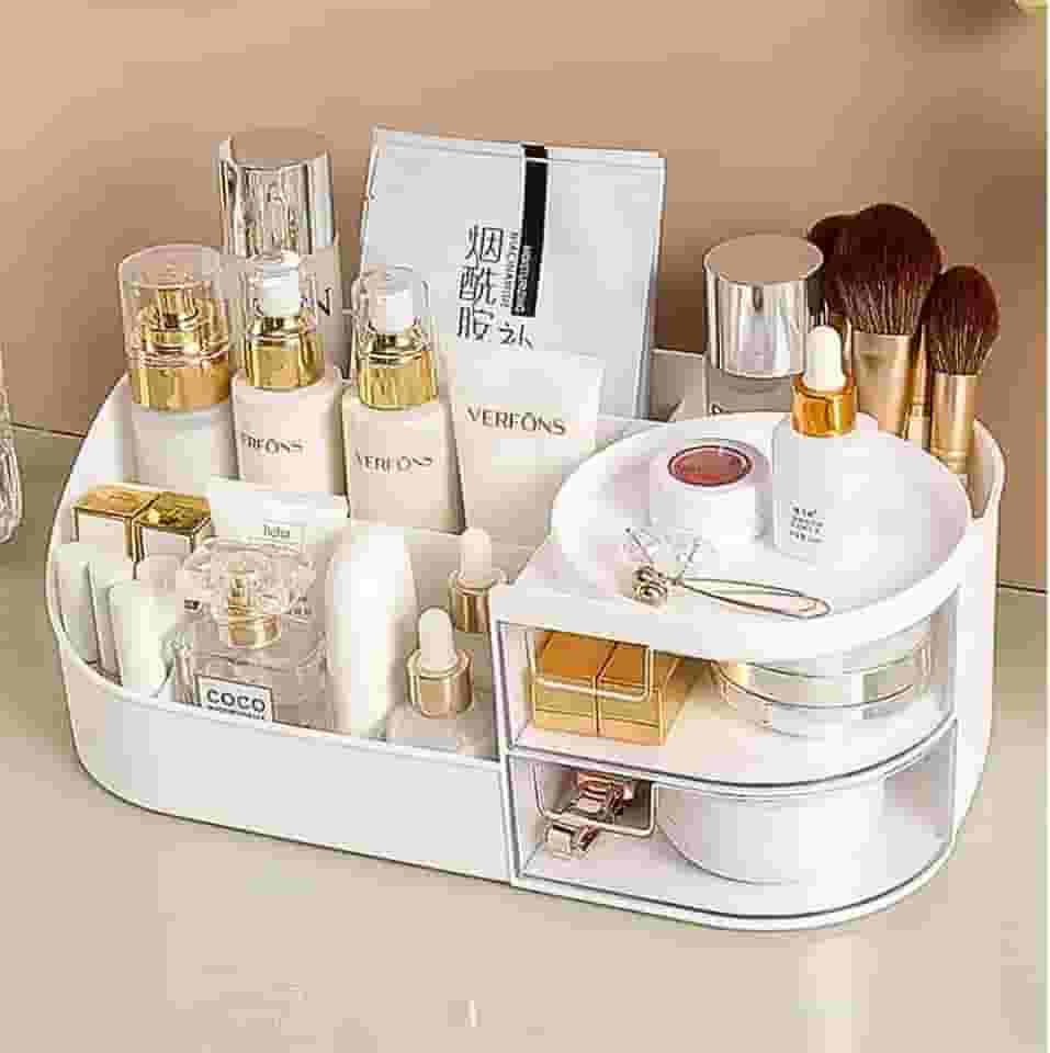 Organizador de Cosméticos Mesa Multiuso Multifuncional com Gavetas Porta Lápis Perfumes Maquiagem Case Make Penteadeira Banheiro Escritório Quarto Moderno Funcional Acrílico Premium -Branco