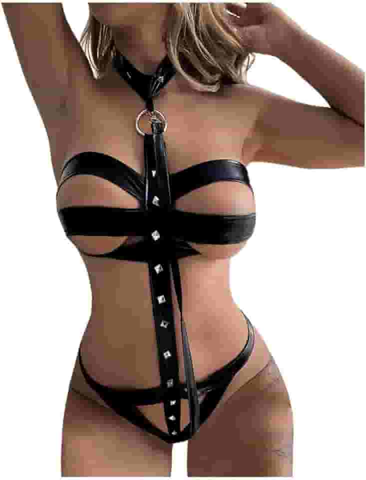 Conjunto de lingerie feminina sexy cosplay com babados, sutiã de pelúcia e calcinha com gargantilha preta