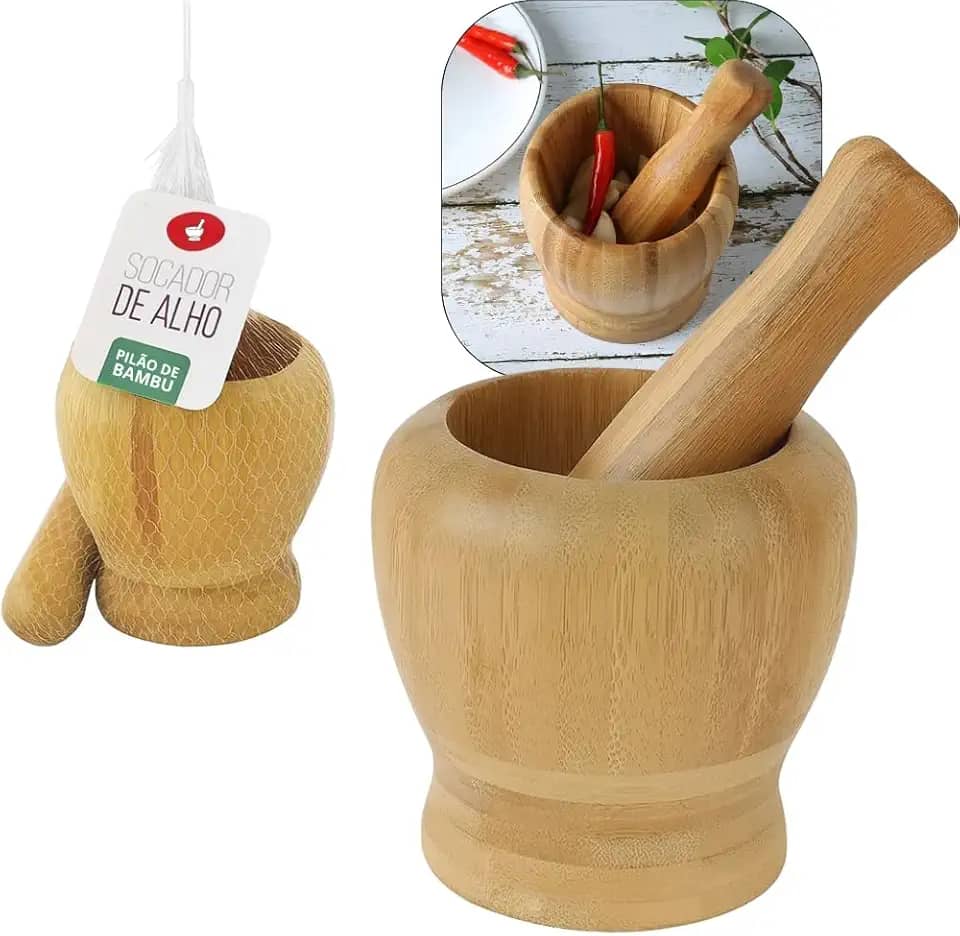 Pilão e Socador de Bambu – Amassador de Alho, Pimenta, Temperos e Ervas, Design Natural, Resistente, Fácil de Limpar, Ideal para Cozinha, Moer Condimentos e Preparar Temperos Artesanais KOALAECOM®
