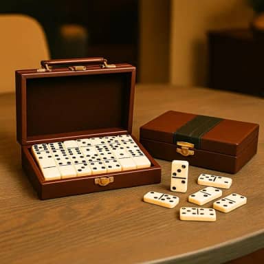 Dominó Premium De Osso Pedras Grandes 28 Peças Maleta Couro