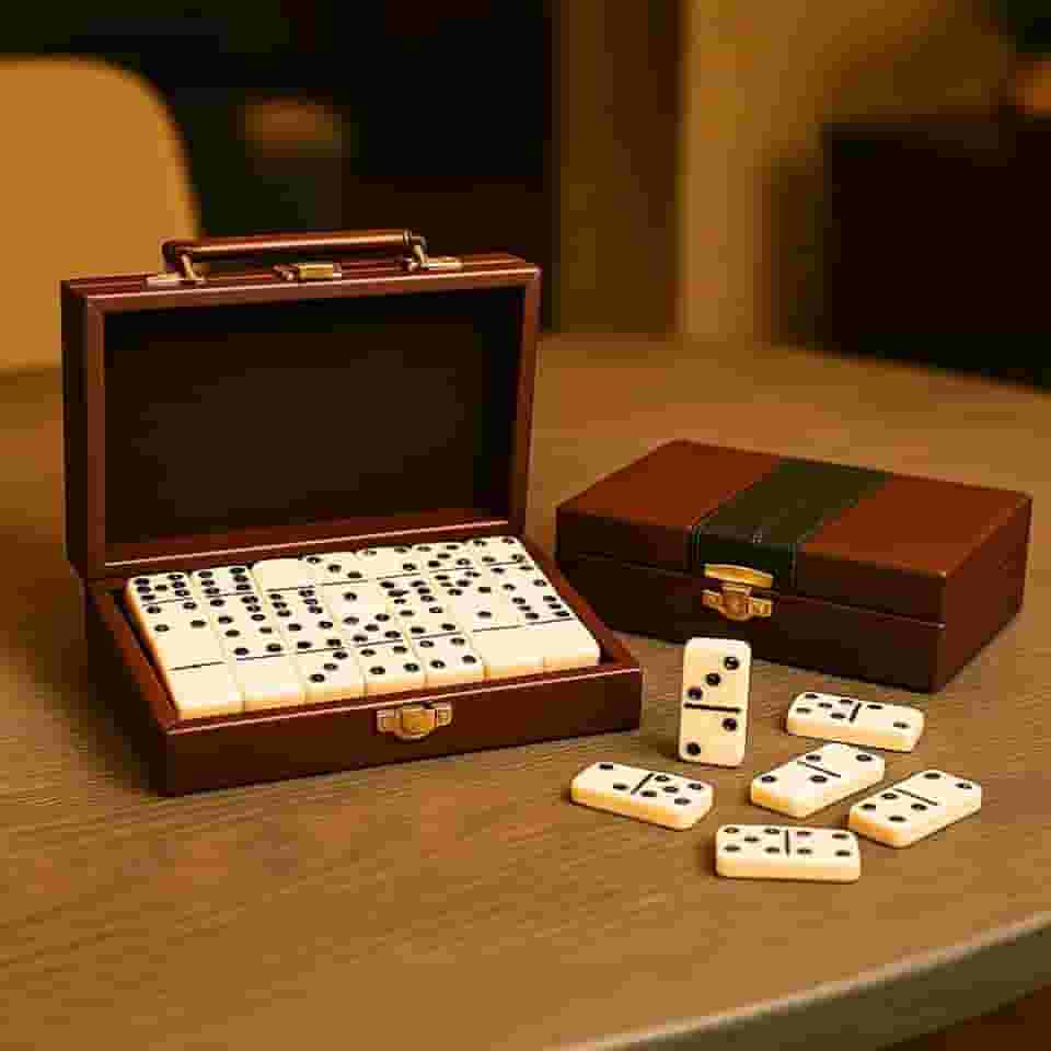 Dominó Premium De Osso Pedras Grandes 28 Peças Maleta Couro