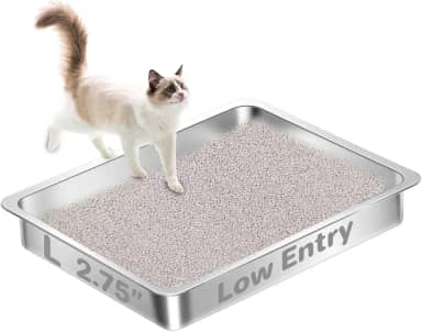 Amibud Caixa de areia de aço inoxidável de entrada baixa para gatos idosos, caixa de areia de metal rasa para gatinhos, bandeja de areia de fácil acesso, fácil limpeza - 40 cm C x 29 cm L x 7 cm A