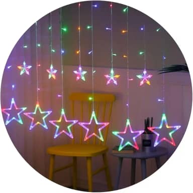 Cascata de LED Estrela, Cortina Luminosa com 138 LEDs, 2,5m, 12 Estrelas Decorativas, Multifunção com Conector de Emendas, Enfeite Loja Shopping (Colorido, 220v - 2,5m)