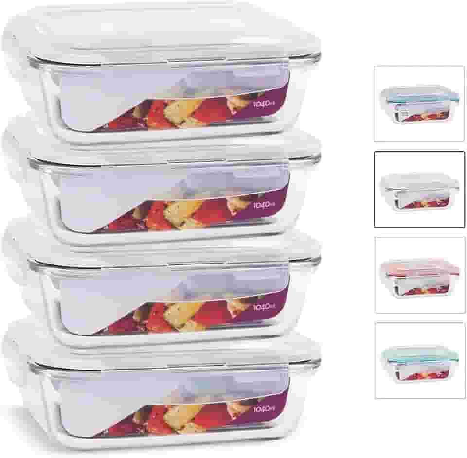 KIT 4 Potes de Vidro Retangular com Tampa Hermética 1040ml Cor:Branco (QH)