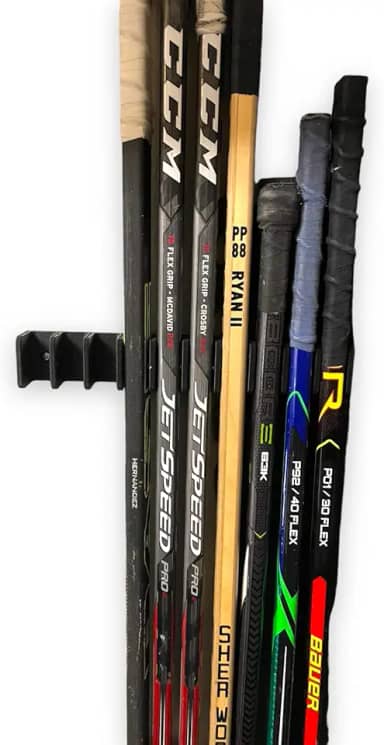 Suporte de parede para taco de hóquei com 10 tacos | Organizador de taco de hóquei no gelo | Sênior | Organizador de taco de hóquei comporta até 10 tacos | Inclui parafusos de montagem pretos